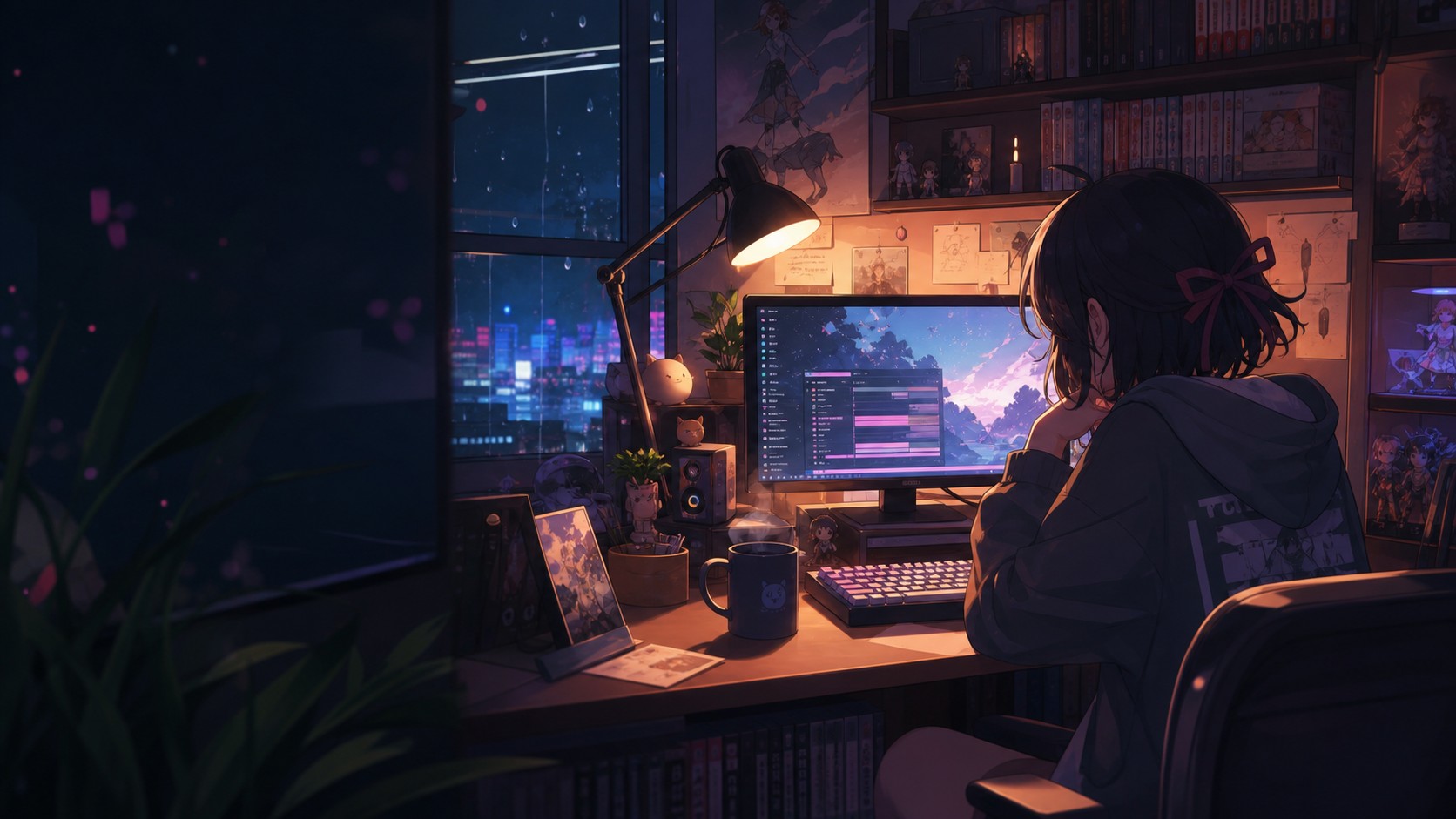 Anime-style late-night watch room