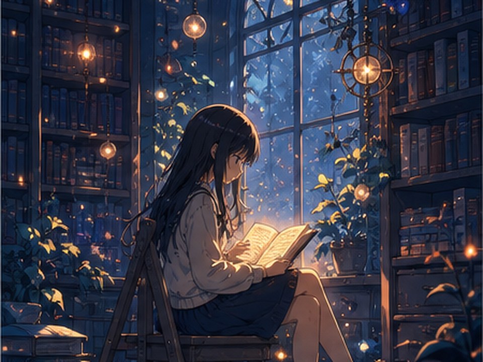 Fantasy library anime scene