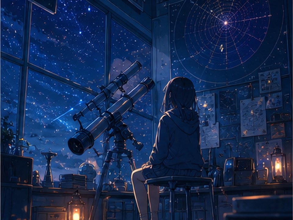 Anime observatory room at night