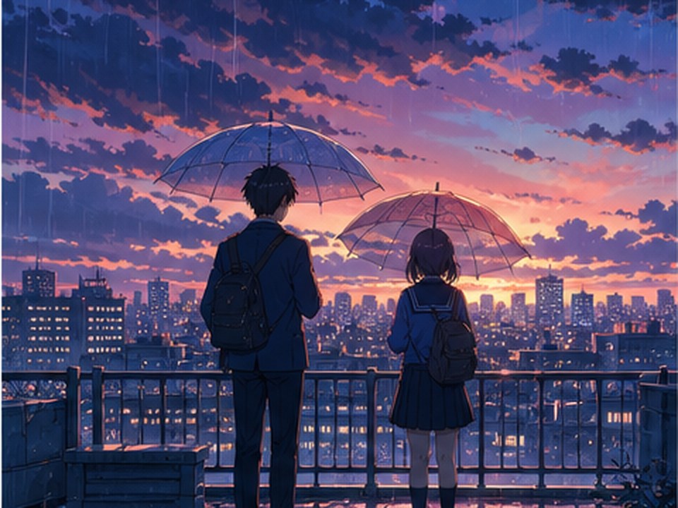 Rainy rooftop anime scene