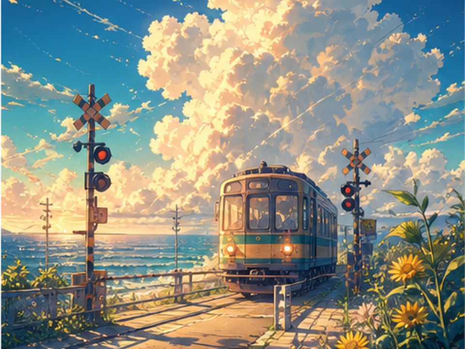 Seaside train crossing anime scene